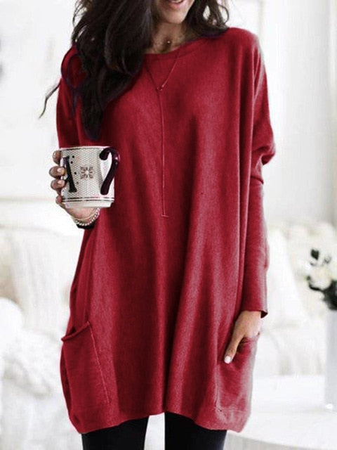 Fashion O-neck Long Sleeve Gradient Color Loose Casual Dress Women 2019 Autumn Pocket Long Tops Plus Size Ladies Dresses