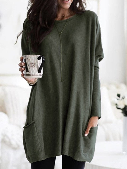 Fashion O-neck Long Sleeve Gradient Color Loose Casual Dress Women 2019 Autumn Pocket Long Tops Plus Size Ladies Dresses