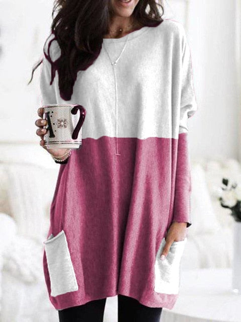 Fashion O-neck Long Sleeve Gradient Color Loose Casual Dress Women 2019 Autumn Pocket Long Tops Plus Size Ladies Dresses