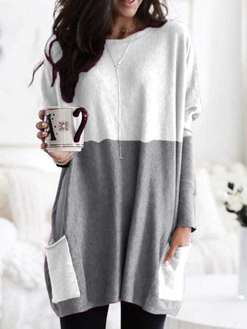 Fashion O-neck Long Sleeve Gradient Color Loose Casual Dress Women 2019 Autumn Pocket Long Tops Plus Size Ladies Dresses