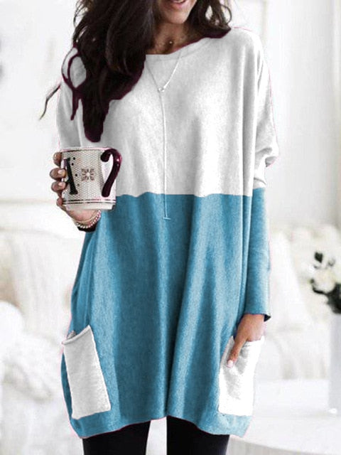 Fashion O-neck Long Sleeve Gradient Color Loose Casual Dress Women 2019 Autumn Pocket Long Tops Plus Size Ladies Dresses