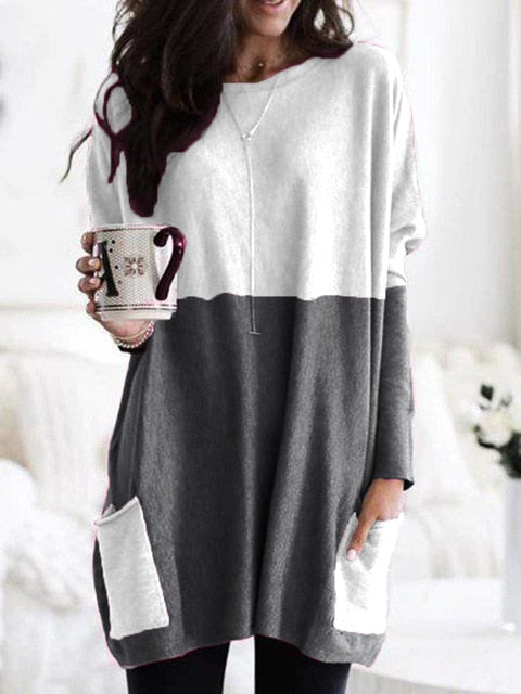 Fashion O-neck Long Sleeve Gradient Color Loose Casual Dress Women 2019 Autumn Pocket Long Tops Plus Size Ladies Dresses