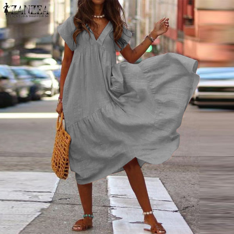 Fashion Tunic Midi Dress Women's Summer Sundress ZANZEA 2020 Sexy V Neck Asymmetrical Vestidos Female Plus Size Ruffle Robe