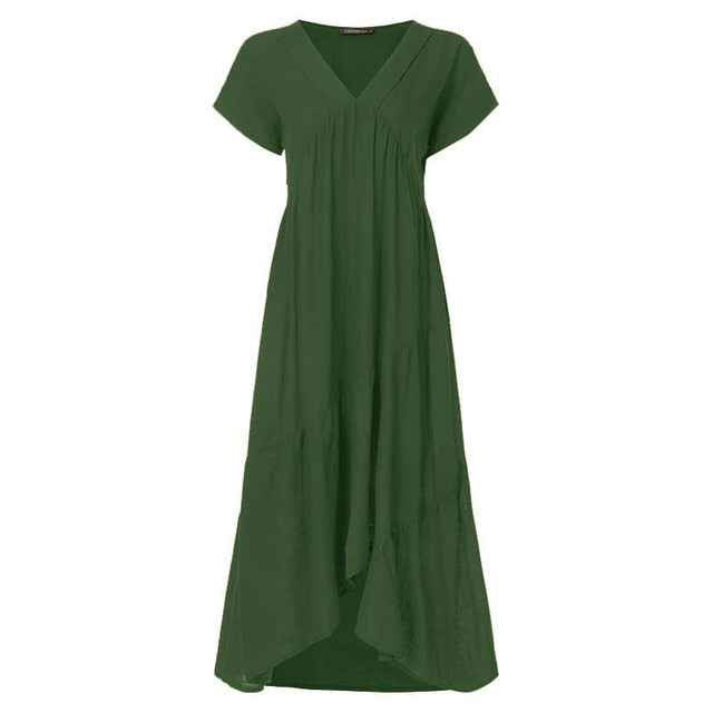 Fashion Tunic Midi Dress Women's Summer Sundress ZANZEA 2020 Sexy V Neck Asymmetrical Vestidos Female Plus Size Ruffle Robe