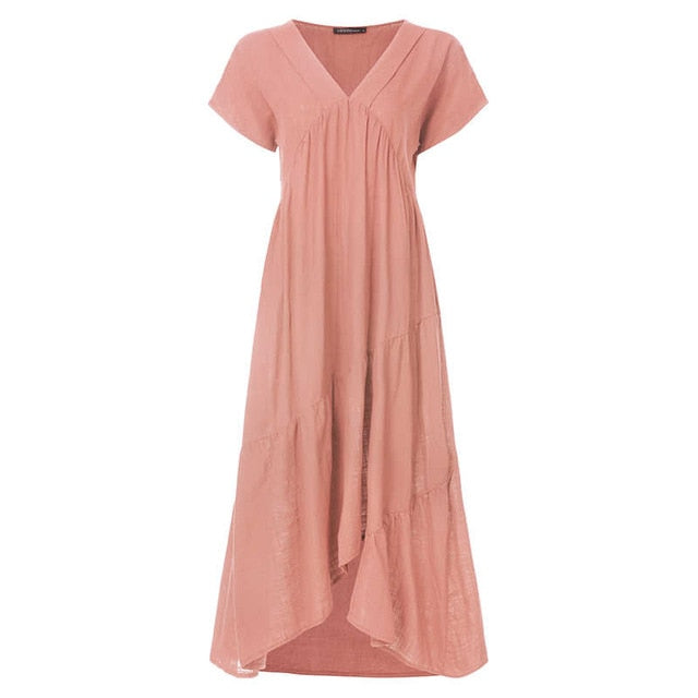 Fashion Tunic Midi Dress Women's Summer Sundress ZANZEA 2020 Sexy V Neck Asymmetrical Vestidos Female Plus Size Ruffle Robe