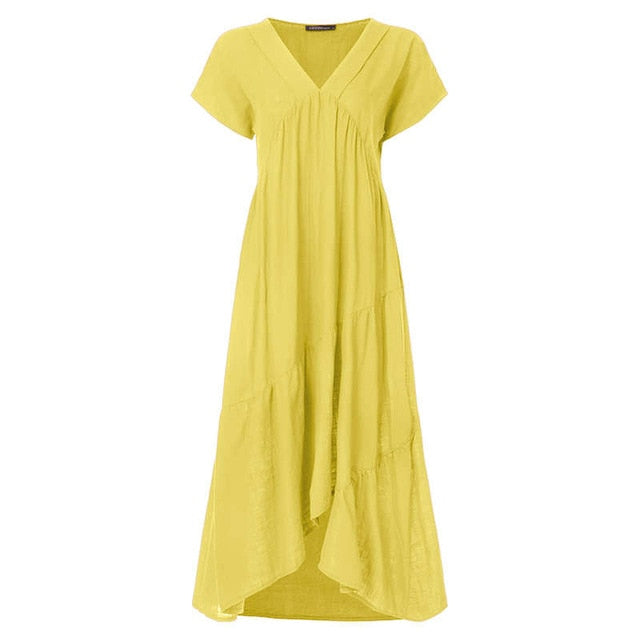 Fashion Tunic Midi Dress Women's Summer Sundress ZANZEA 2020 Sexy V Neck Asymmetrical Vestidos Female Plus Size Ruffle Robe