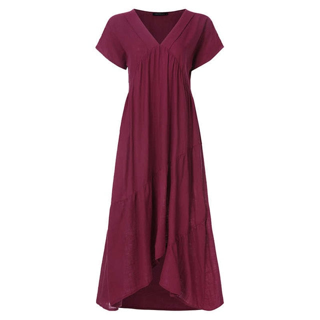 Fashion Tunic Midi Dress Women's Summer Sundress ZANZEA 2020 Sexy V Neck Asymmetrical Vestidos Female Plus Size Ruffle Robe