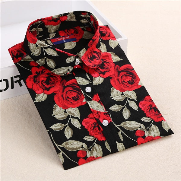 Dioufond Women Summer Blouses Vintage Floral Blouse Long Sleeve Shirt Women Camisas Femininas Female Tops Fashion Cotton Shirt