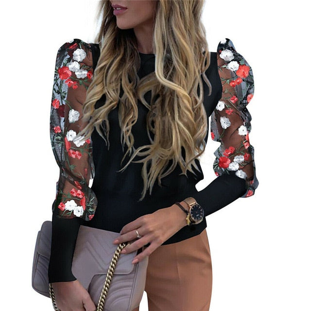 Women's Sheer Mesh See-through Blouse 2019 New Fashion Elegant Slim Polka Dot Puff Long Sleeve Tops Shirt Turtleneck Fall Blouse