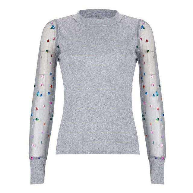 Women's Sheer Mesh See-through Blouse 2019 New Fashion Elegant Slim Polka Dot Puff Long Sleeve Tops Shirt Turtleneck Fall Blouse