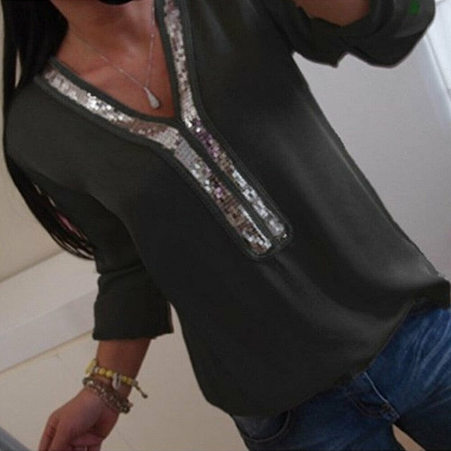 Fashion Women Ladies Long Sleeve Loose Blouse Summer V-Neck Casual Shirts Tops Clothing Sequined Solid Casual Soft Clothes