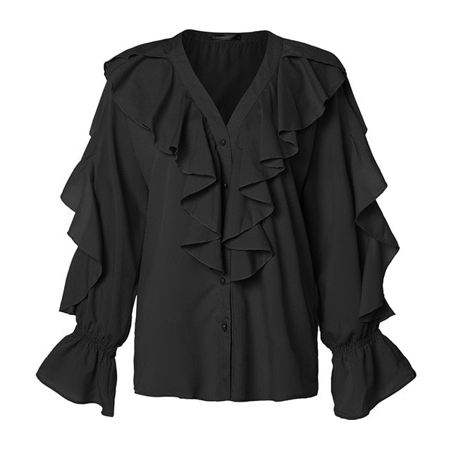 Plus Size Women Blouse Celmia 2020 Summer Ruffled Stylish Tops Sexy V neck Long Sleeve Shirt Female Casual Buttons Sweet Blusas
