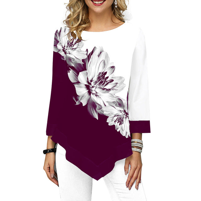 Floral impresso camisa feminina assimétrica hem blusa de verão para mulher flor impressão topos blusas moda feminina camisas 2019