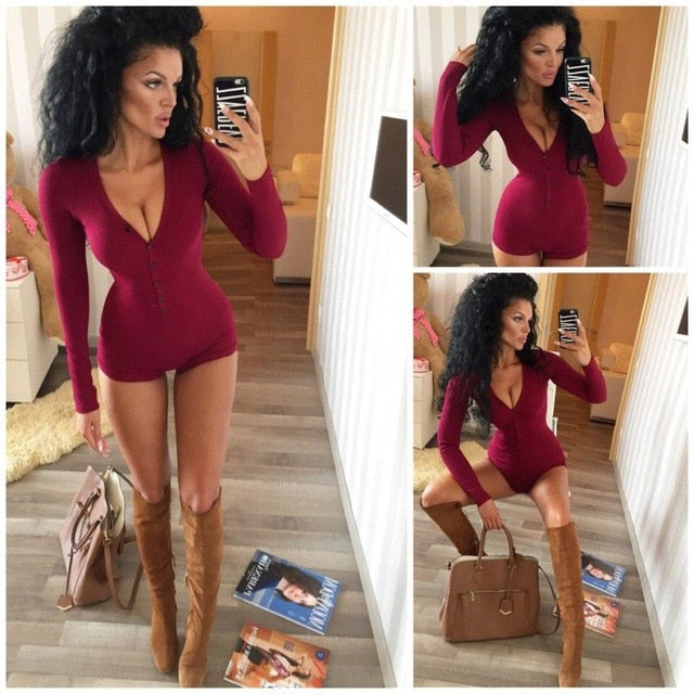 Sexy Women Bodysuit Long Sleeve Deep V Neck Bodycon Stretch Leotard Crop Tops Button Short Romper Pajamas Women Onesies Jumpsuit