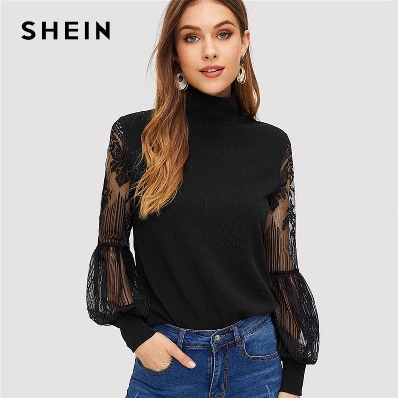 SHEIN Donne di Alta Del Collo Del Merletto Del Manicotto Della Lanterna Superiore Della Maglia di Modo Camicetta delle Donne Manica Lunga Modello di Stampa Delle Signore Magliette e camicette