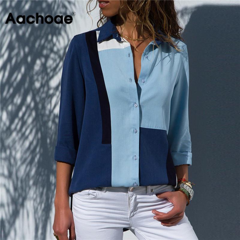 Aachoae blusas femininas 2020 moda manga longa turn down colarinho camisa blusa camisa de escritório casual tops plus size blusas femininas