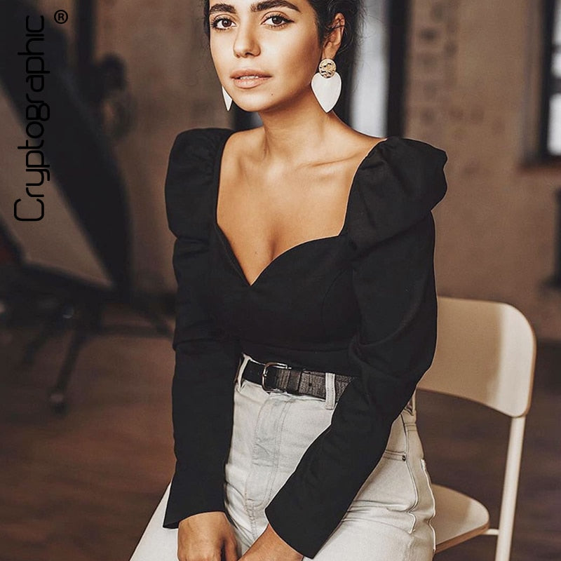 Cryptographic Vintage cuadrado Collar Casual Puff manga de las mujeres camisas y blusas de otoño sólido de manga larga Tops 2020 de moda