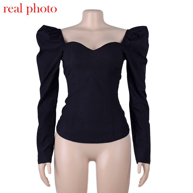 Cryptographic Vintage cuadrado Collar Casual Puff manga de las mujeres camisas y blusas de otoño sólido de manga larga Tops 2020 de moda