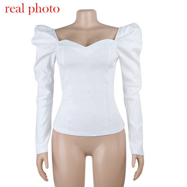 Cryptographic Vintage cuadrado Collar Casual Puff manga de las mujeres camisas y blusas de otoño sólido de manga larga Tops 2020 de moda