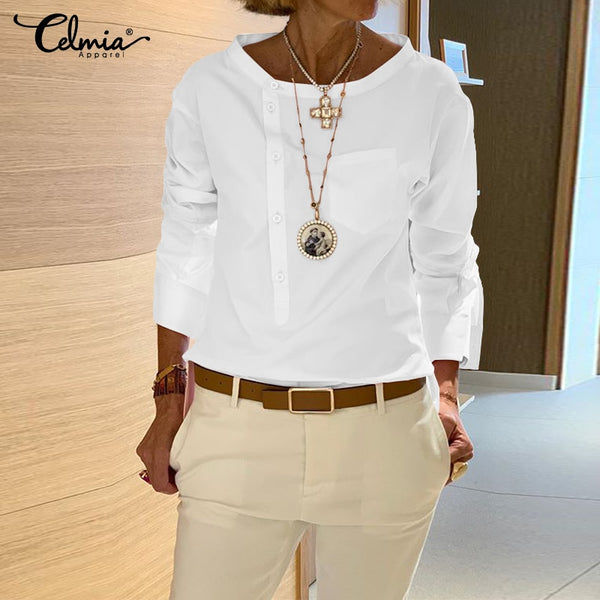5XL camisa de moda 2020 Otoño de manga larga botones Casual Blusas Celmia mujeres túnica Tops Casual suelta sólido Blusas femeninas 7