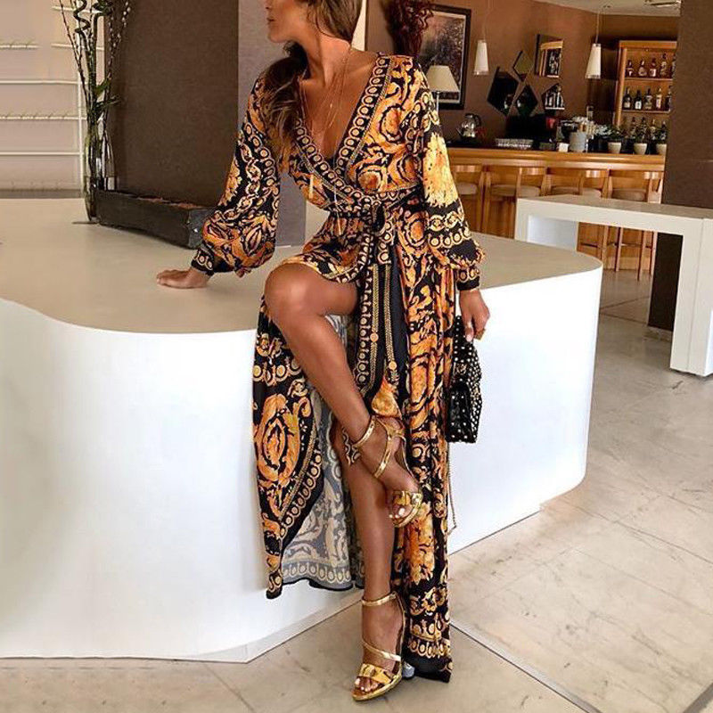 2019 nuevo estilo de moda elegante mujeres Sexy cuello barco Glitter Cuello V profundo vestido de fiesta Formal largo vestido Sexy Clubwear