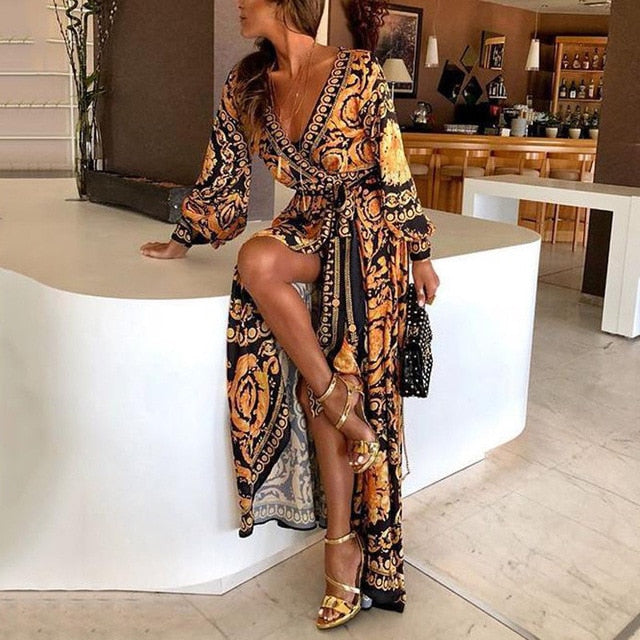 2019 nuevo estilo de moda elegante mujeres Sexy cuello barco Glitter Cuello V profundo vestido de fiesta Formal largo vestido Sexy Clubwear