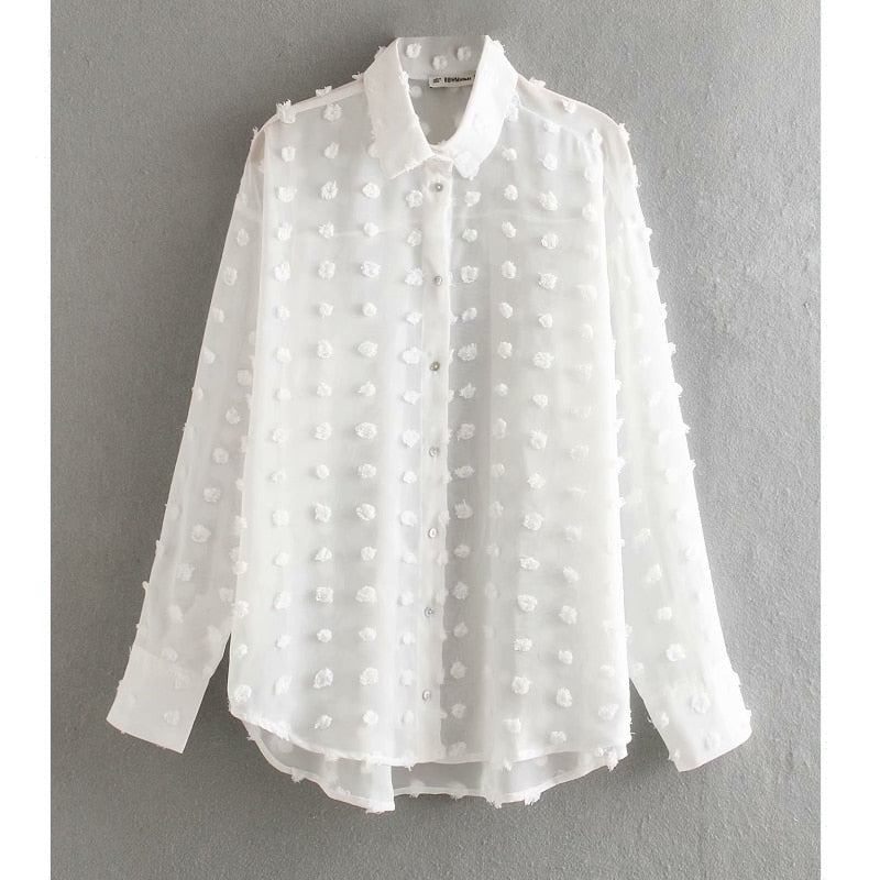 Nouvelles femmes mode dot couture décontracté en mousseline de soie chemisier femmes manche longue chic blusas perspective blanc chemise hauts LS3725