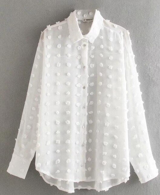 Nouvelles femmes mode dot couture décontracté en mousseline de soie chemisier femmes manche longue chic blusas perspective blanc chemise hauts LS3725