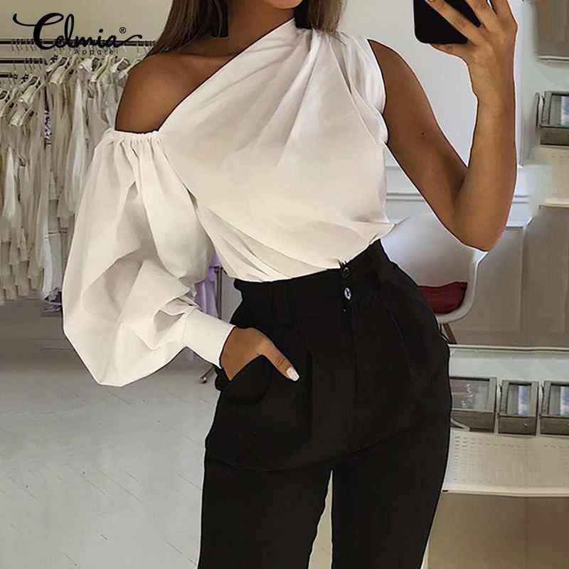 2020 Celmia de moda de las mujeres camisas de manga larga de talla grande de hombros fríos Blusas Tops Casual sueltos damas trabajo elegante Blusas