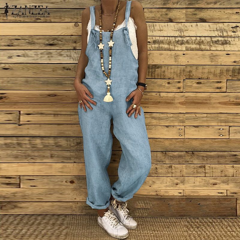 ZANZEA Summer Straps Jumpsuits Women Dungarees Bib Overalls Cotton Linen Rompers Combinaison Casual Female Playsuits Harem Pants