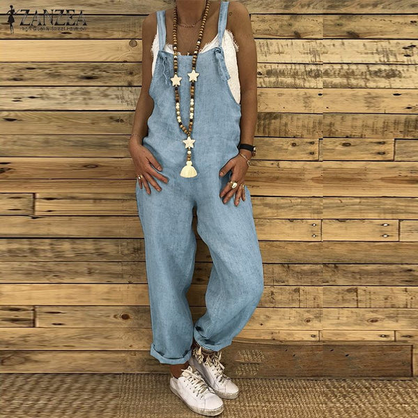 ZANZEA Summer Straps Jumpsuits Women Dungarees Bib Overalls Cotton Linen Rompers Combinaison Casual Female Playsuits Harem Pants