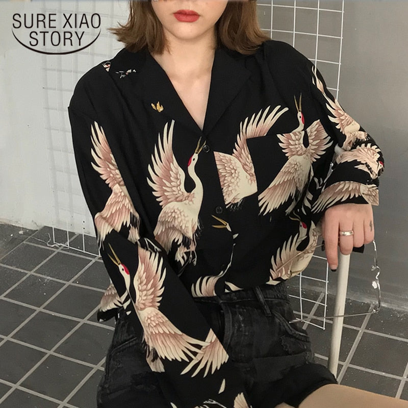 Vintage Printed Fashion Women Blouses 2019 women Long Sleeve Shirts print Chiffon blouse women ladies Loose Femme top 0845 30